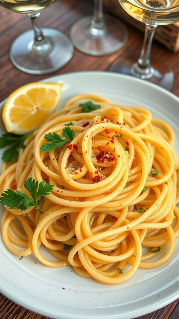 A plate of spaghetti aglio e olio with garlic, red pepper flakes, and parsley on a rustic table.